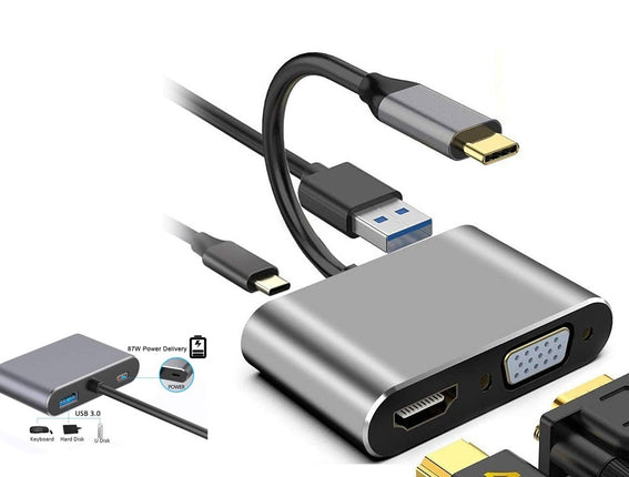 4-in-1 USB-C To 4K HDMI, VGA, USB 3.0, PD Adapter Hub