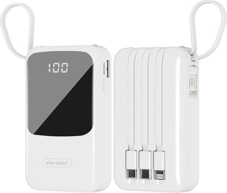 Portable Charger (10000mAh) with Cables: 3 Inputs, LED Display ( White ) With LED Display