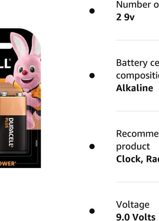 Duracell Plus Power Alkaline 9V Battery (Pack of 2)