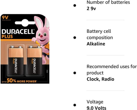 Duracell Plus Power Alkaline 9V Battery (Pack of 2)