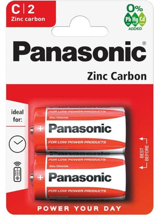 Panasonic C Size Zinc Carbon Batteries (2 Pack) - Reliable Power for Everyday Devices