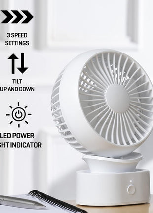 Rechargeable Desk Fan: 3 Speeds, Tilt, LED Light, Quiet!