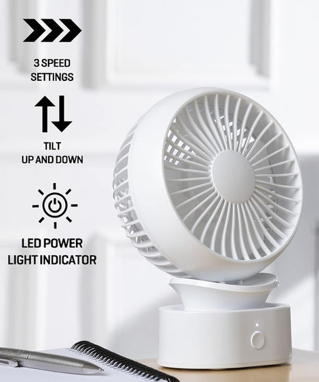 Rechargeable Desk Fan: 3 Speeds, Tilt, LED Light, Quiet!