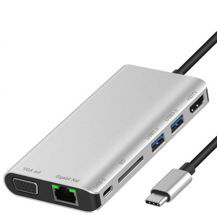 8 in 1 USB-C Hub Multi-Function Dock Station ( USB 3.0x2 + SD Card + HDMI + VGA + 3.5mm Jack + Gigabit Lan + USB-C PD Port )