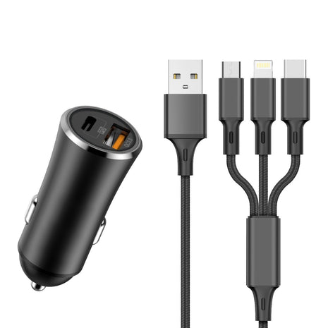 17W In-Car Charger with Dual USB Ports and 3-in-1 Cable