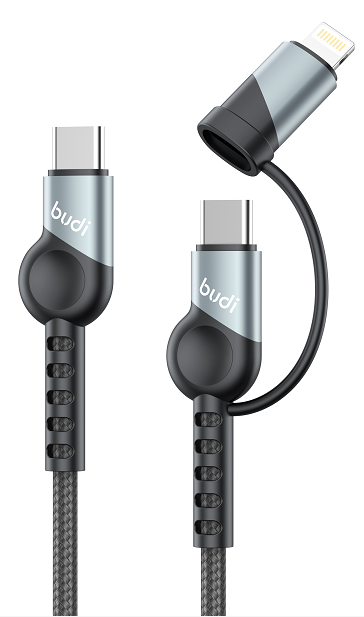 2-in-1 Universal PD65W Braided Cable - USB, Type-C & Lightning Connectors (Black)